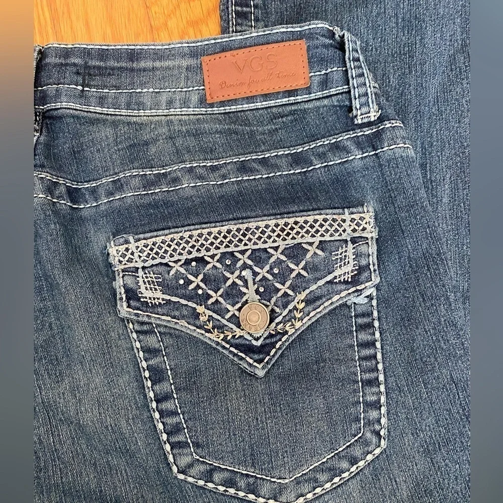 VGS Jeans Womens Size 10 Slim Boot Flap Pockets Thick Stitch Blue Denim